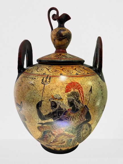 Griechische Kerami Vase 35 cm mit Deckel kleine Vase, Athina, Poseidon, Aias